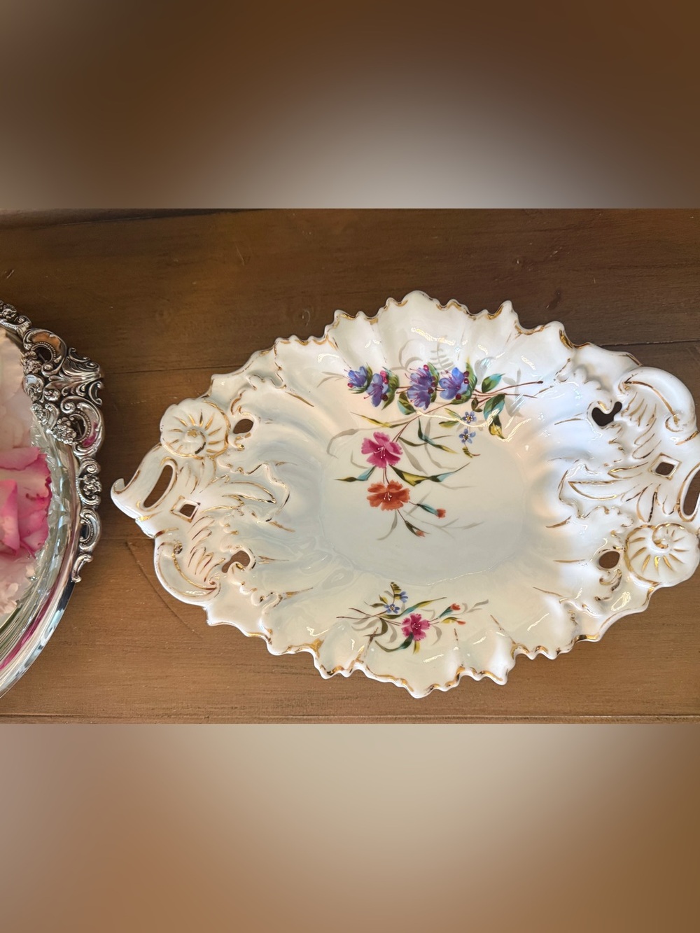 Antique German Porcelain Pierced Floral Bowl 14” Hand Painted Gilt